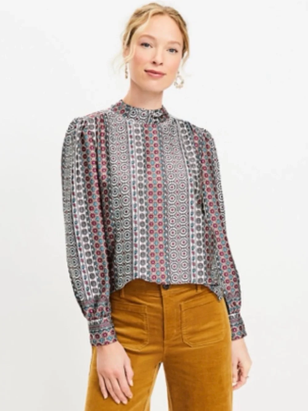 LOFT XL Boho Medallion Print Tie Neck Blouse Long Sleeve Blouse